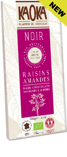Dark chocolate raisins almonds organic fairtrade KAOKA